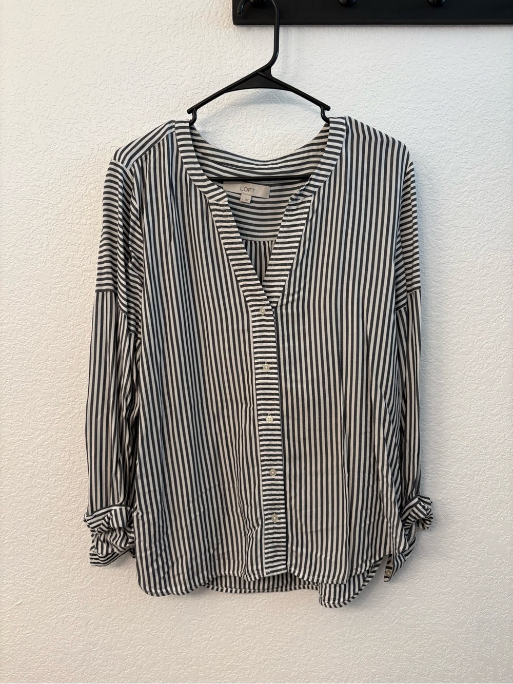 LOFT Blue and White Vertical-Stripe Button-Down Top
